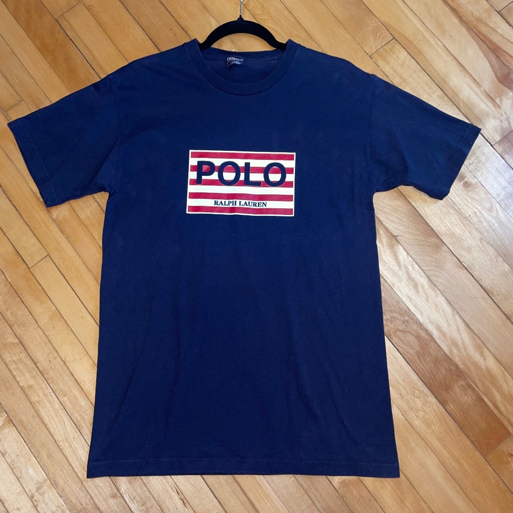 POLO RALPH LAUREN Vintage Graphic Tee Flag Logo Navy Preppy Heritage Medium